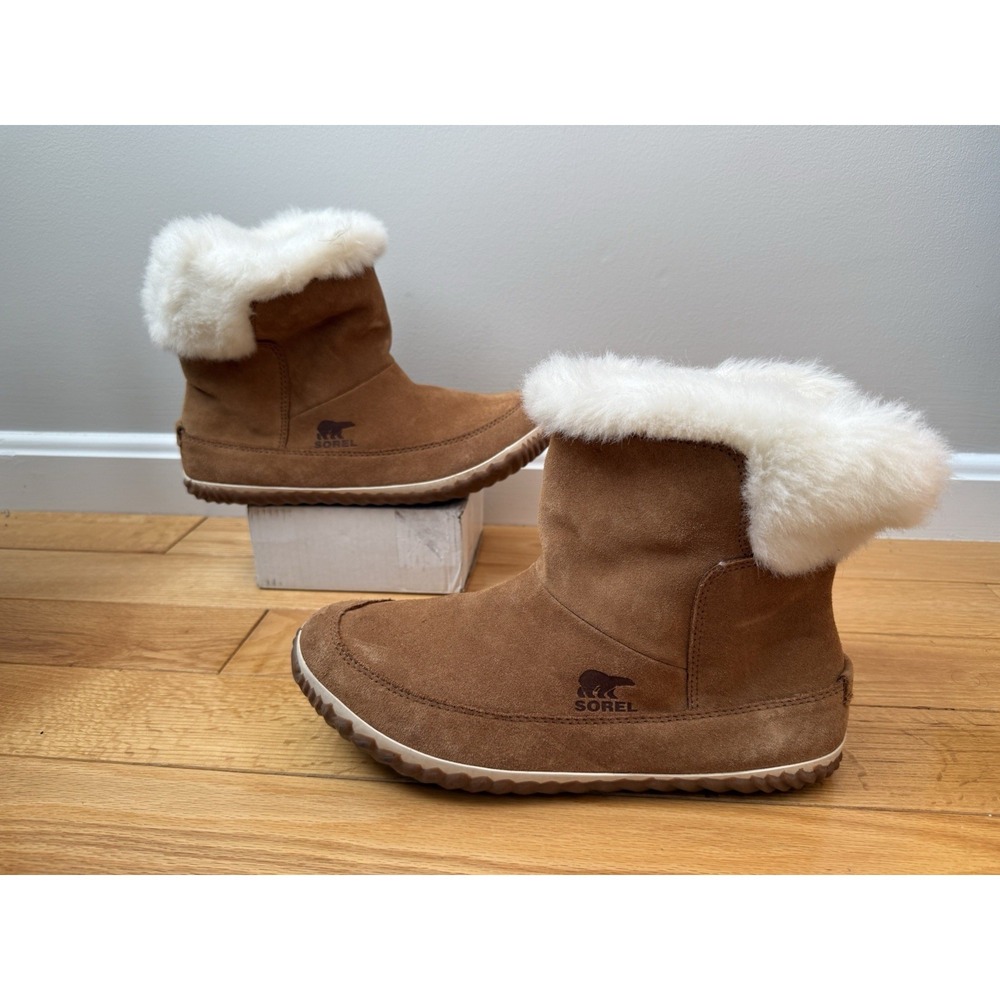 Sorel Women's Out N About Suede Bootie-Sz 11- Elk Tan Faux Fur Water Resistant - Picture 1 of 8